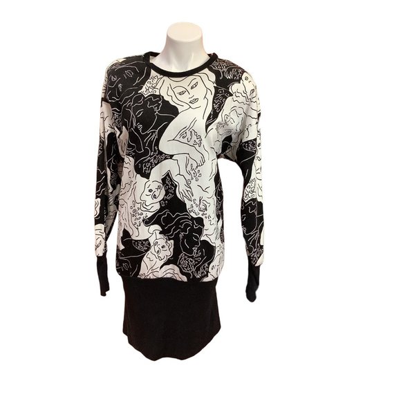 Vintage 1980's-90's Crescendo Black and White Portrait Print Tunic Dress- M/L - Picture 1 of 16